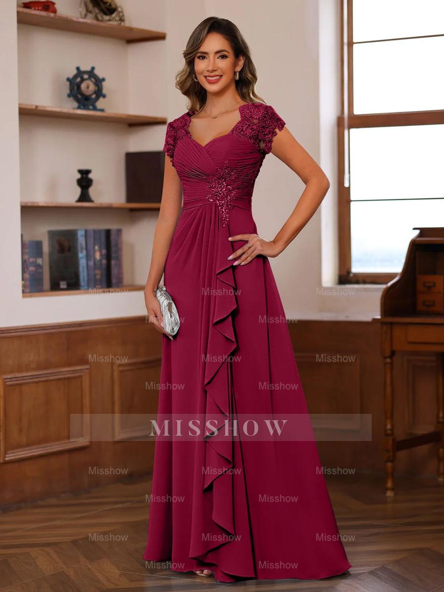 V-Neck A-Line Princess Short Sleeve Dress with Pleats Ruffles & Appliques for Mother of the Bride & Groom