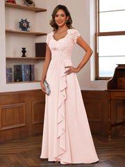 V-Neck A-Line Princess Short Sleeve Dress with Pleats Ruffles & Appliques for Mother of the Bride & Groom