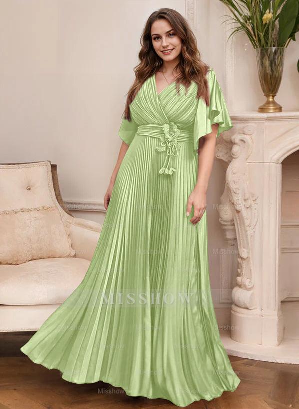 V-Neck A-Line Princess Short Sleeve Mother of the Bride Dress with Belt