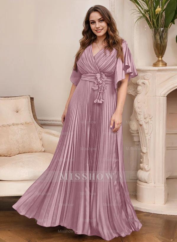 V-Neck A-Line Princess Short Sleeve Mother of the Bride Dress with Belt