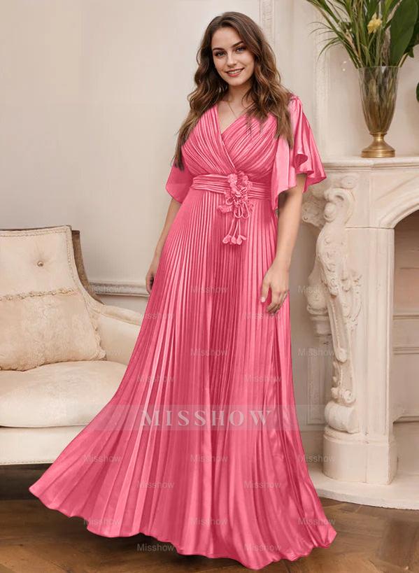 V-Neck A-Line Princess Short Sleeve Mother of the Bride Dress with Belt