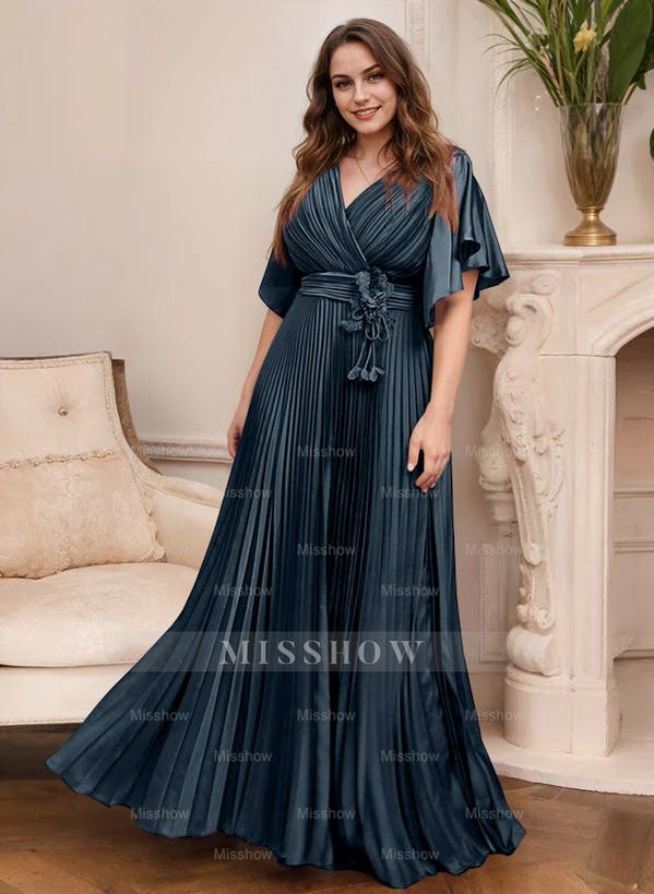 V-Neck A-Line Princess Short Sleeve Mother of the Bride Dress with Belt