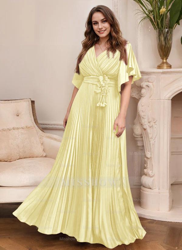 V-Neck A-Line Princess Short Sleeve Mother of the Bride Dress with Belt