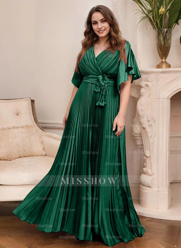 V-Neck A-Line Princess Short Sleeve Mother of the Bride Dress with Belt