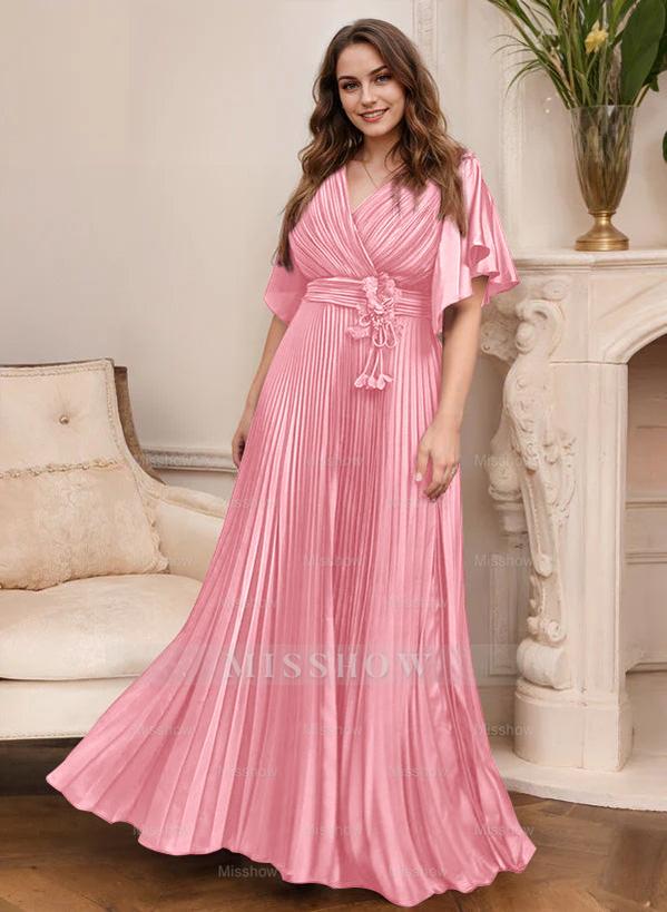 V-Neck A-Line Princess Short Sleeve Mother of the Bride Dress with Belt