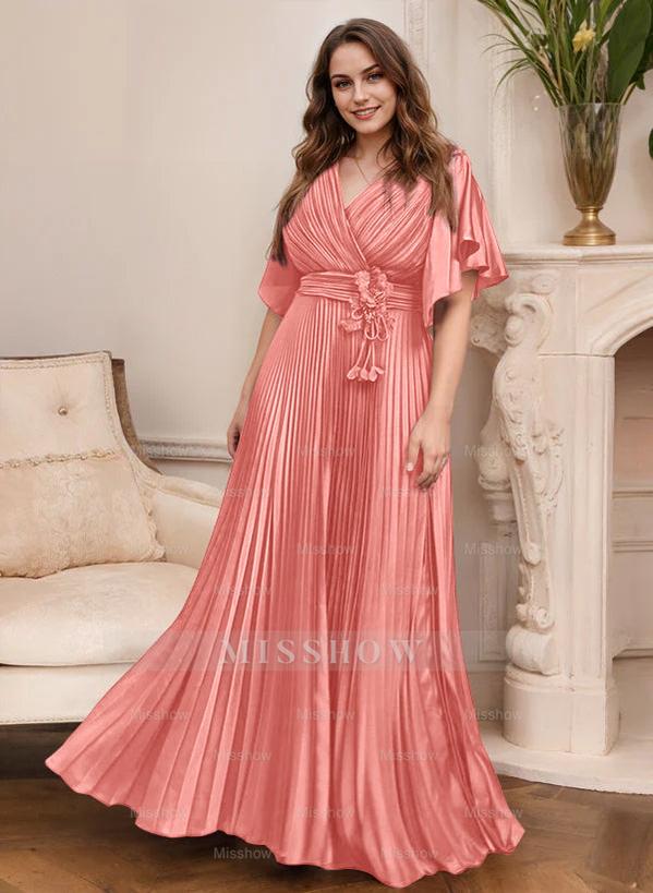 V-Neck A-Line Princess Short Sleeve Mother of the Bride Dress with Belt