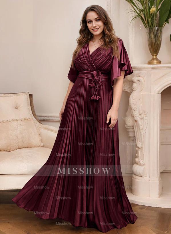 V-Neck A-Line Princess Short Sleeve Mother of the Bride Dress with Belt