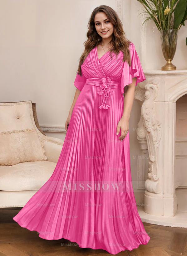 V-Neck A-Line Princess Short Sleeve Mother of the Bride Dress with Belt