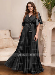 V-Neck A-Line Princess Short Sleeve Mother of the Bride Dress with Belt