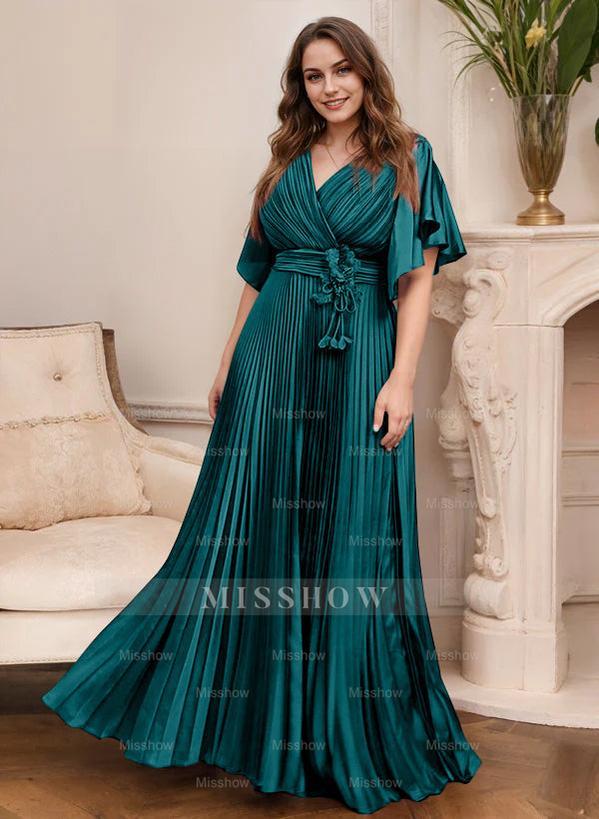 V-Neck A-Line Princess Short Sleeve Mother of the Bride Dress with Belt