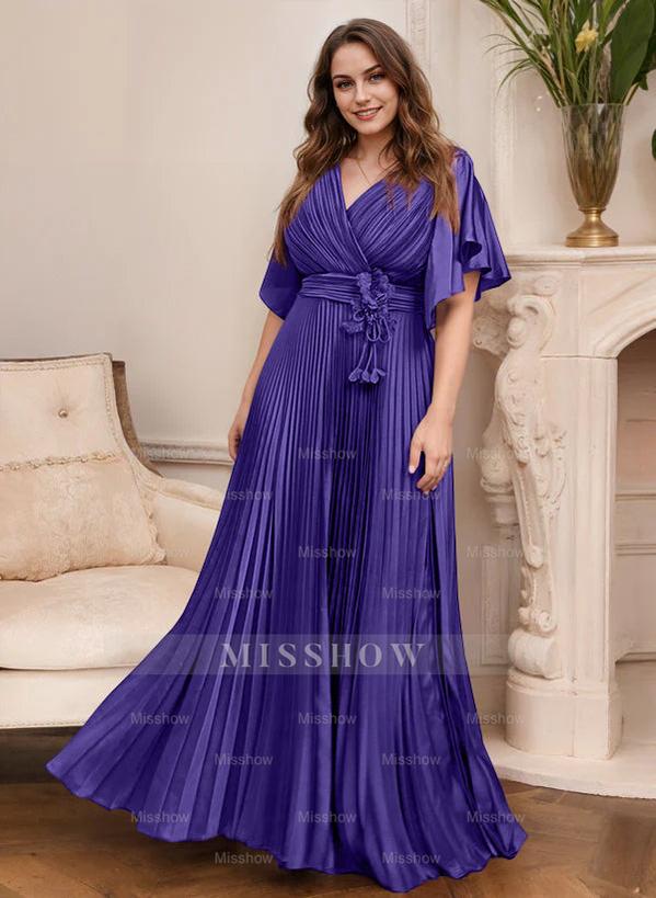 V-Neck A-Line Princess Short Sleeve Mother of the Bride Dress with Belt