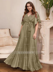 V-Neck A-Line Princess Short Sleeve Mother of the Bride Dress with Belt