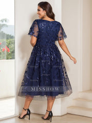 V-Neck A-Line Princess Tea-Length Dress for Mothers of the Bride and Groom