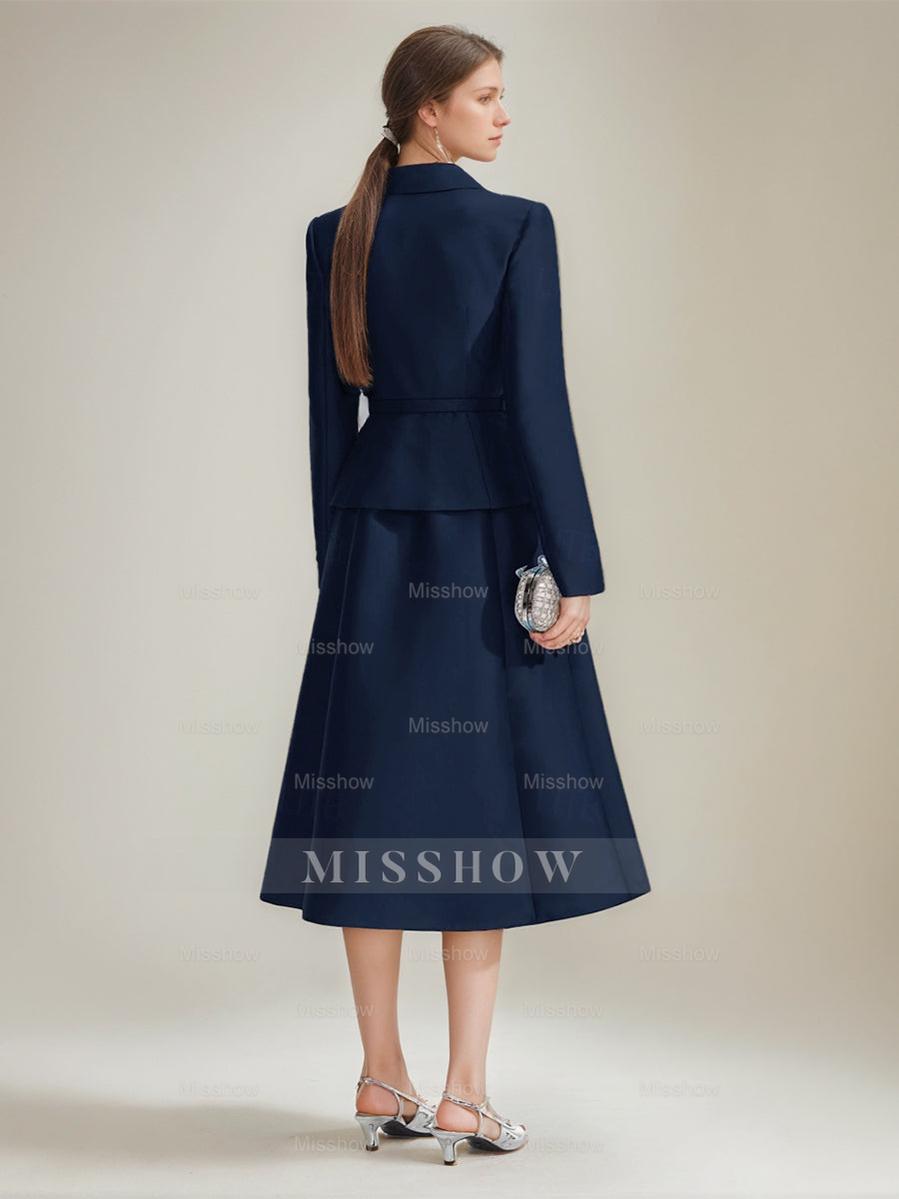 V-Neck A-Line Princess Tea-Length Dress with Long Sleeves and Belt for Mothers of the Bride & Groom