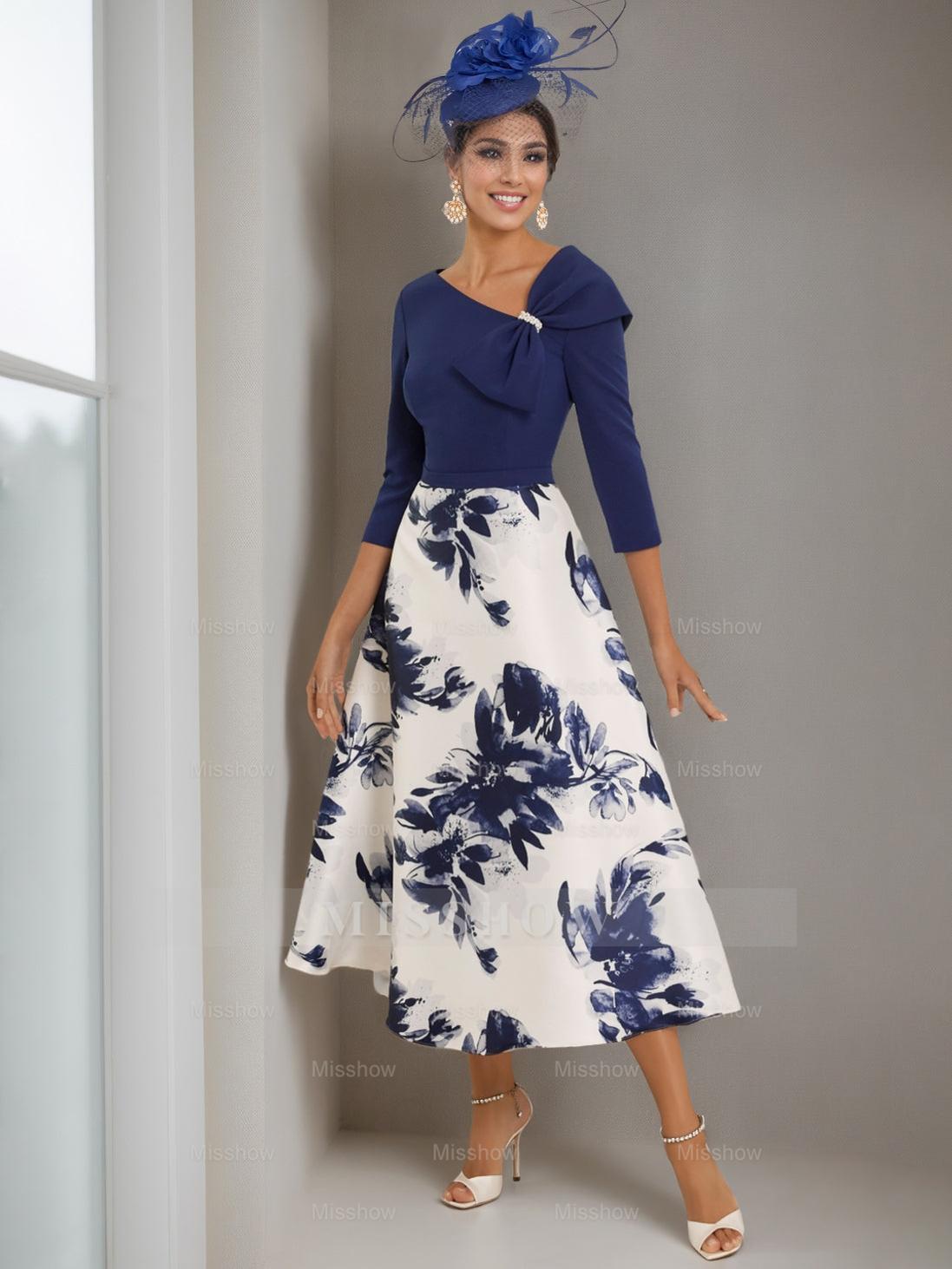 V-Neck A-Line Princess Tea-Length Mother of the Bride Dress with 3/4 Sleeves and Rhinestone Flower Print