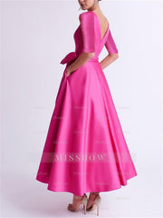 V-Neck A-Line Princess Tea-Length Satin Mother of the Bride Dress with Bow(s) and 3/4 Sleeves
