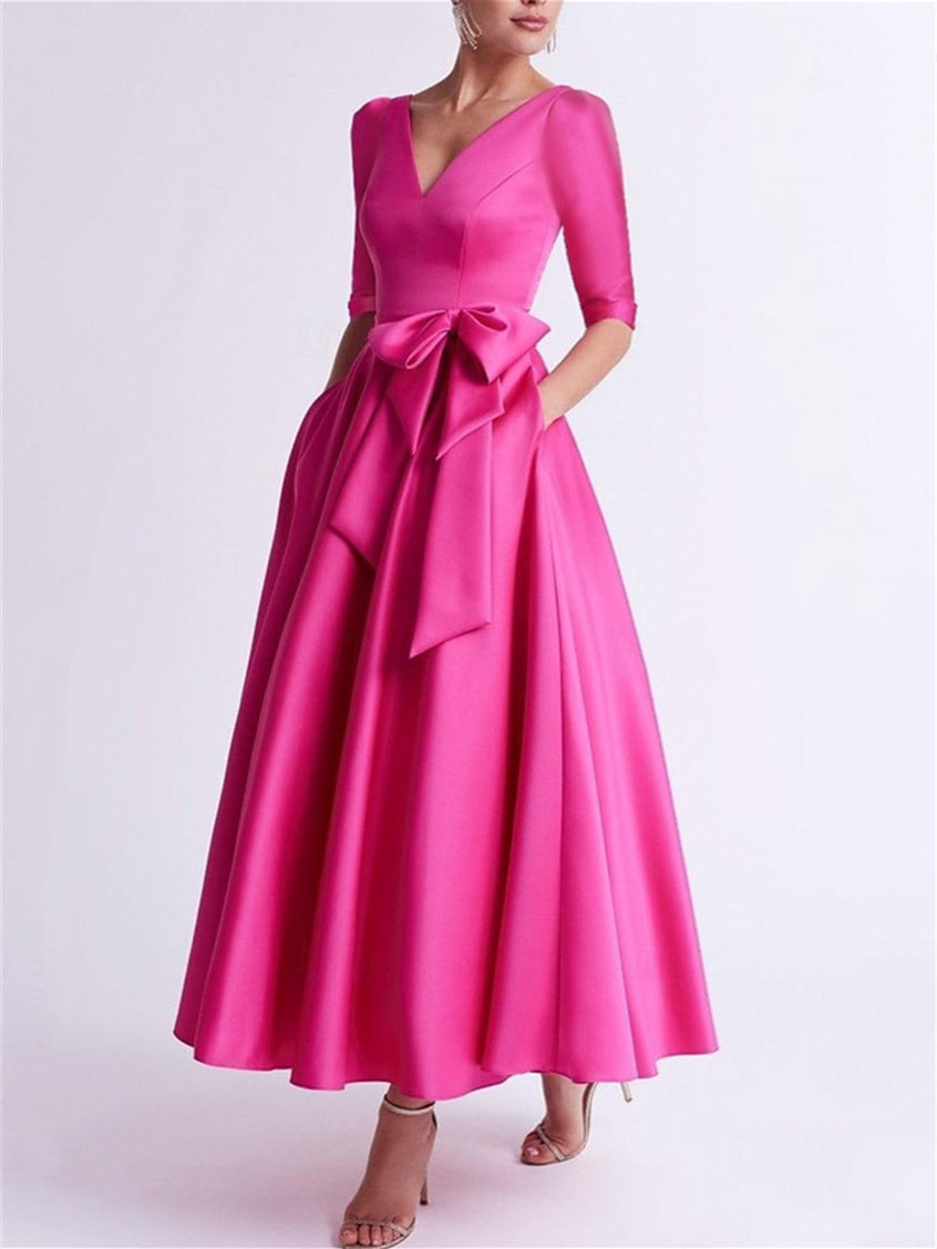 V-Neck A-Line Princess Tea-Length Satin Mother of the Bride Dress with Bow(s) and 3/4 Sleeves