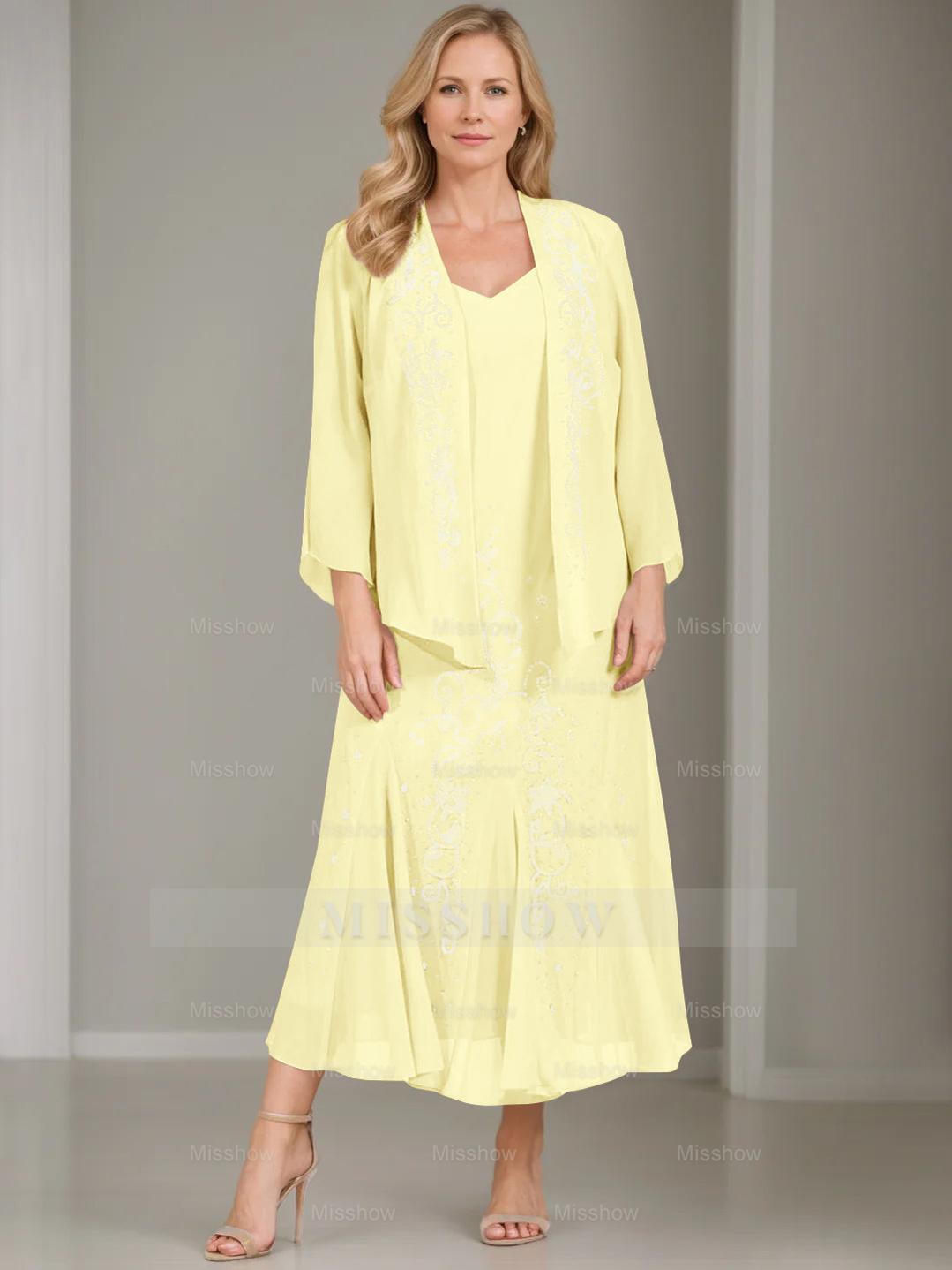 V-Neck A-Line Princess Two-Piece Plus Size Mother of the Bride Dress with Jacket and Sequins in Tea-Length