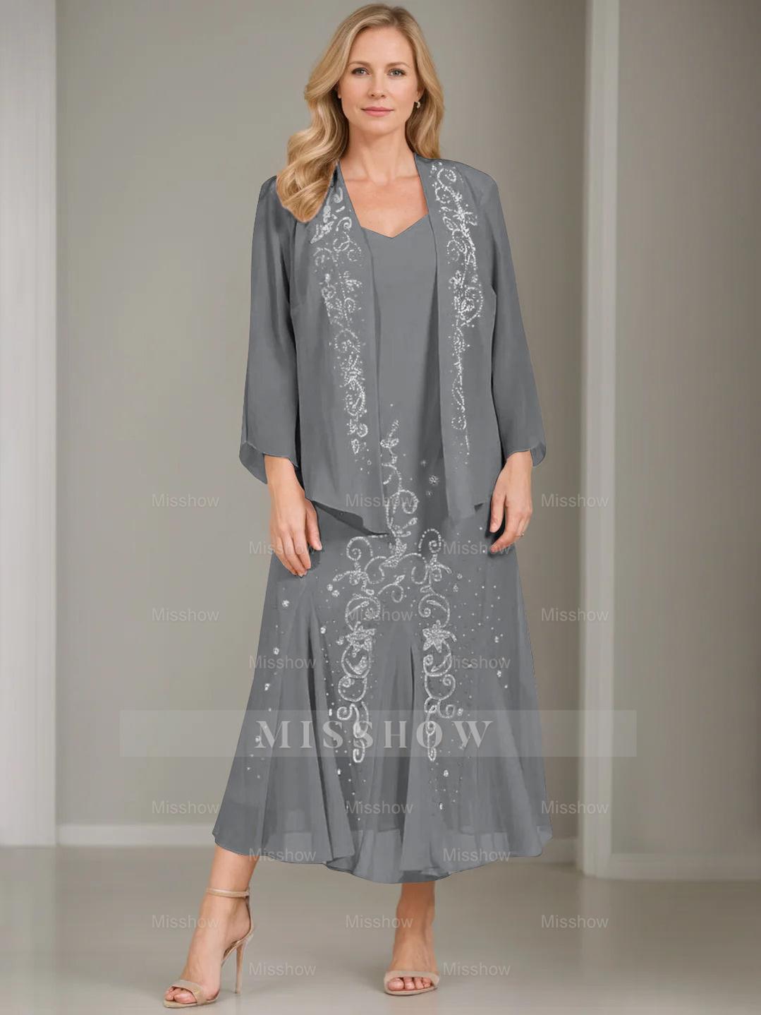 V-Neck A-Line Princess Two-Piece Plus Size Mother of the Bride Dress with Jacket and Sequins in Tea-Length