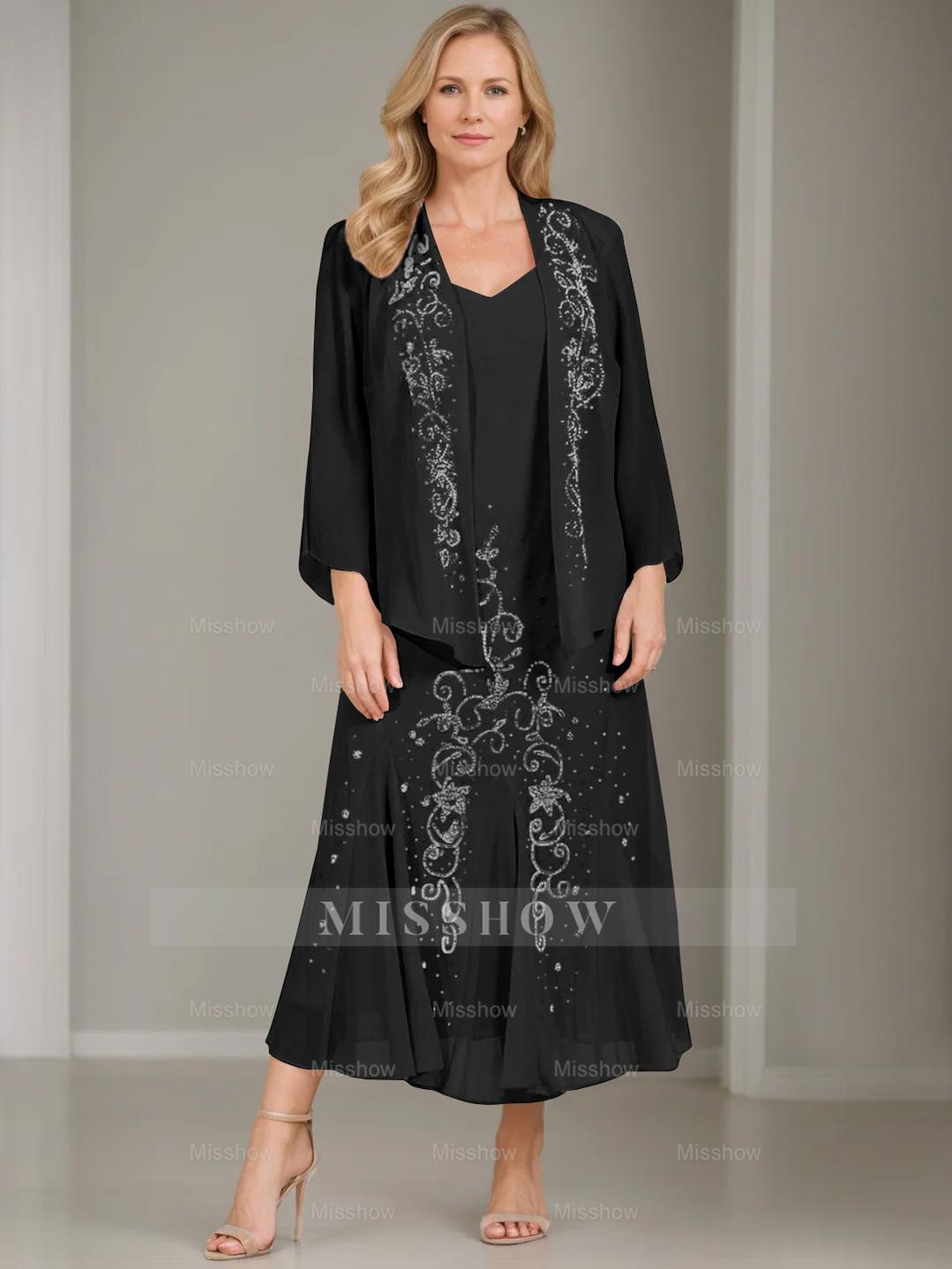 V-Neck A-Line Princess Two-Piece Plus Size Mother of the Bride Dress with Jacket and Sequins in Tea-Length