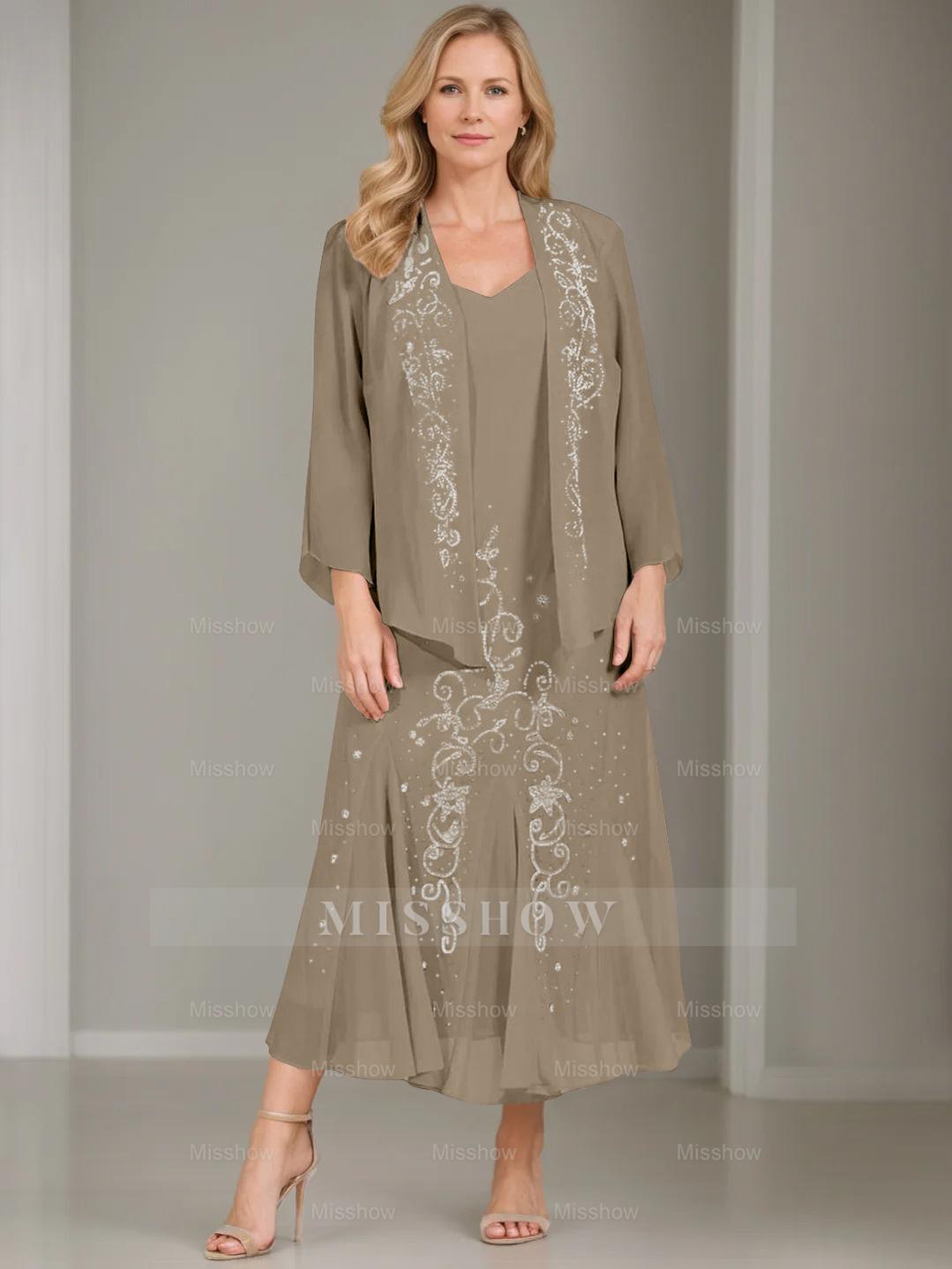 V-Neck A-Line Princess Two-Piece Plus Size Mother of the Bride Dress with Jacket and Sequins in Tea-Length