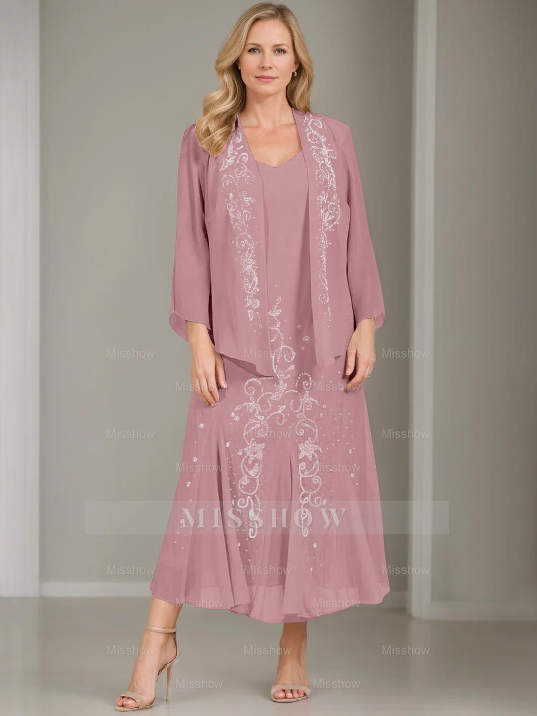 V-Neck A-Line Princess Two-Piece Plus Size Mother of the Bride Dress with Jacket and Sequins in Tea-Length