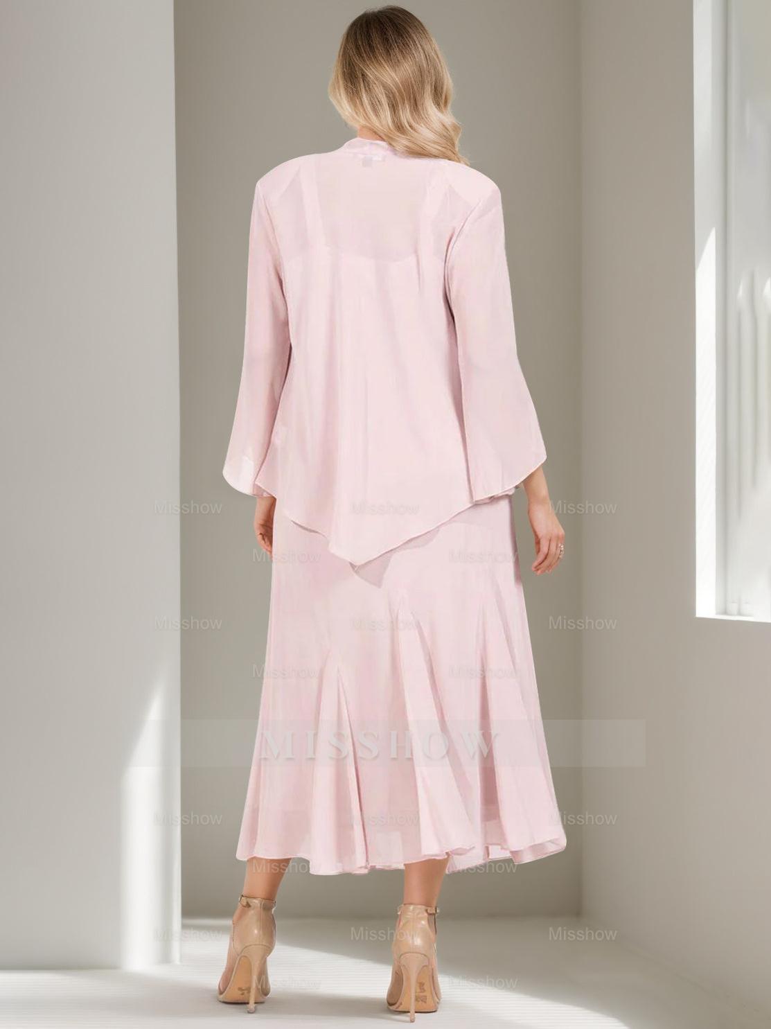 V-Neck A-Line Princess Two-Piece Plus Size Mother of the Bride Dress with Jacket and Sequins in Tea-Length