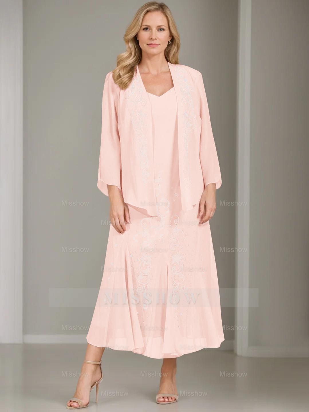 V-Neck A-Line Princess Two-Piece Plus Size Mother of the Bride Dress with Jacket and Sequins in Tea-Length