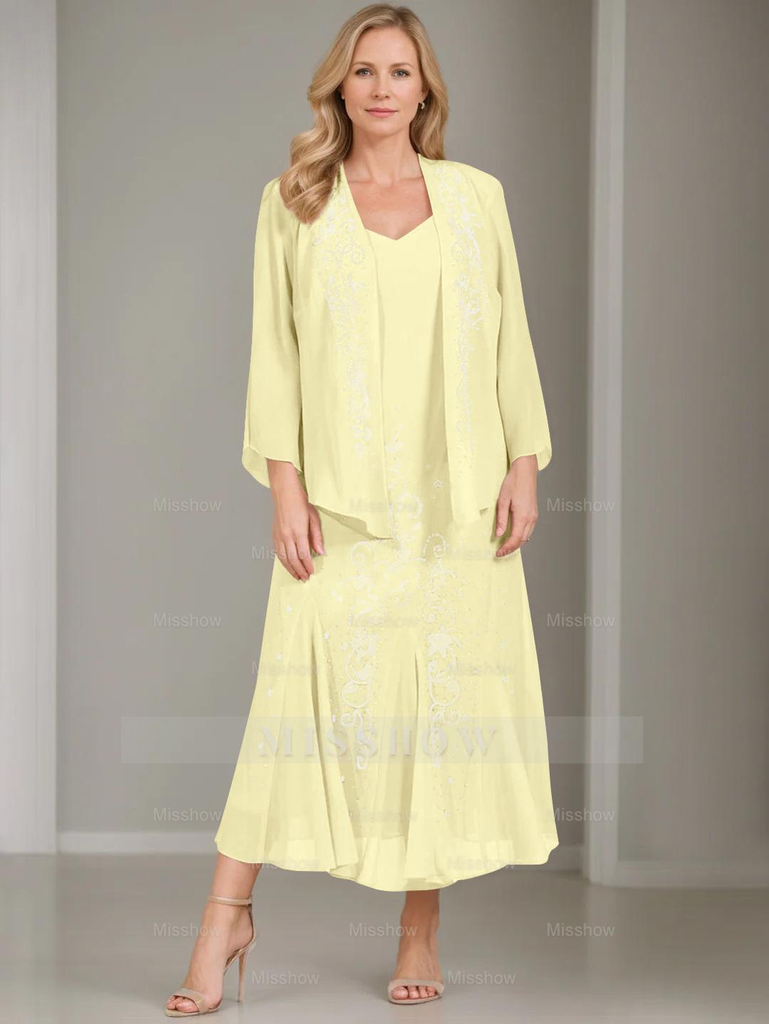 V-Neck A-Line Princess Two-Piece Plus Size Mother of the Bride Dress with Jacket and Sequins in Tea-Length