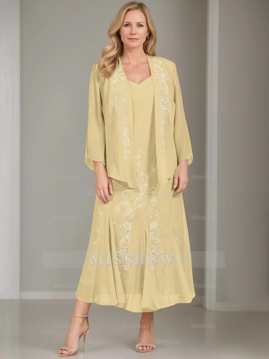 V-Neck A-Line Princess Two-Piece Plus Size Mother of the Bride Dress with Jacket and Sequins in Tea-Length V-Neck A-Line Princess Two-Piece Plus Size Mother of the Bride Dress with Jacket and Sequins in Tea-Length
