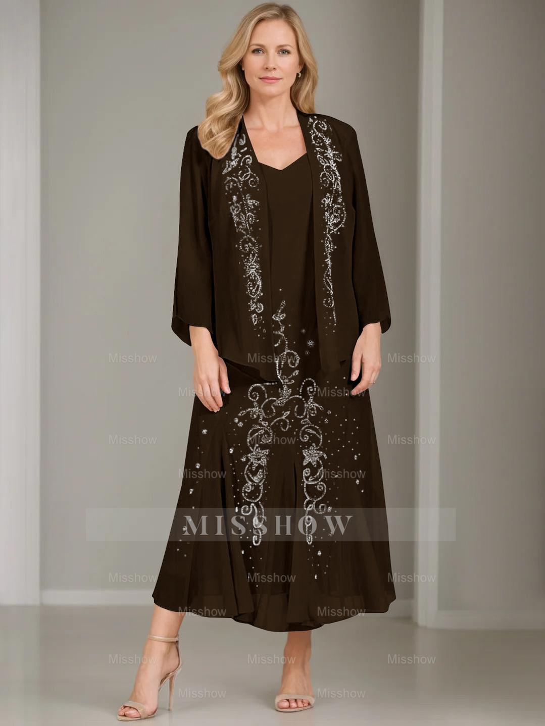 V-Neck A-Line Princess Two-Piece Plus Size Mother of the Bride Dress with Jacket and Sequins in Tea-Length