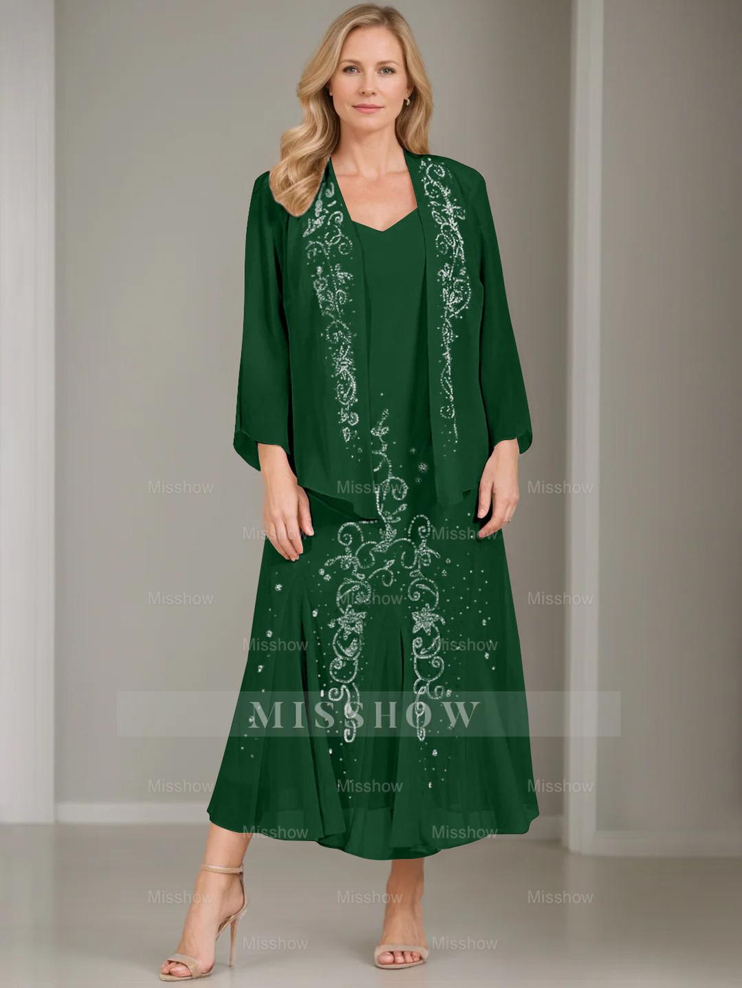 V-Neck A-Line Princess Two-Piece Plus Size Mother of the Bride Dress with Jacket and Sequins in Tea-Length