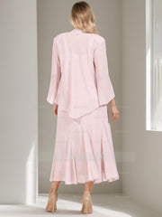 V-Neck A-Line Princess Two-Piece Plus Size Mother of the Bride Dress with Jacket and Sequins in Tea-Length