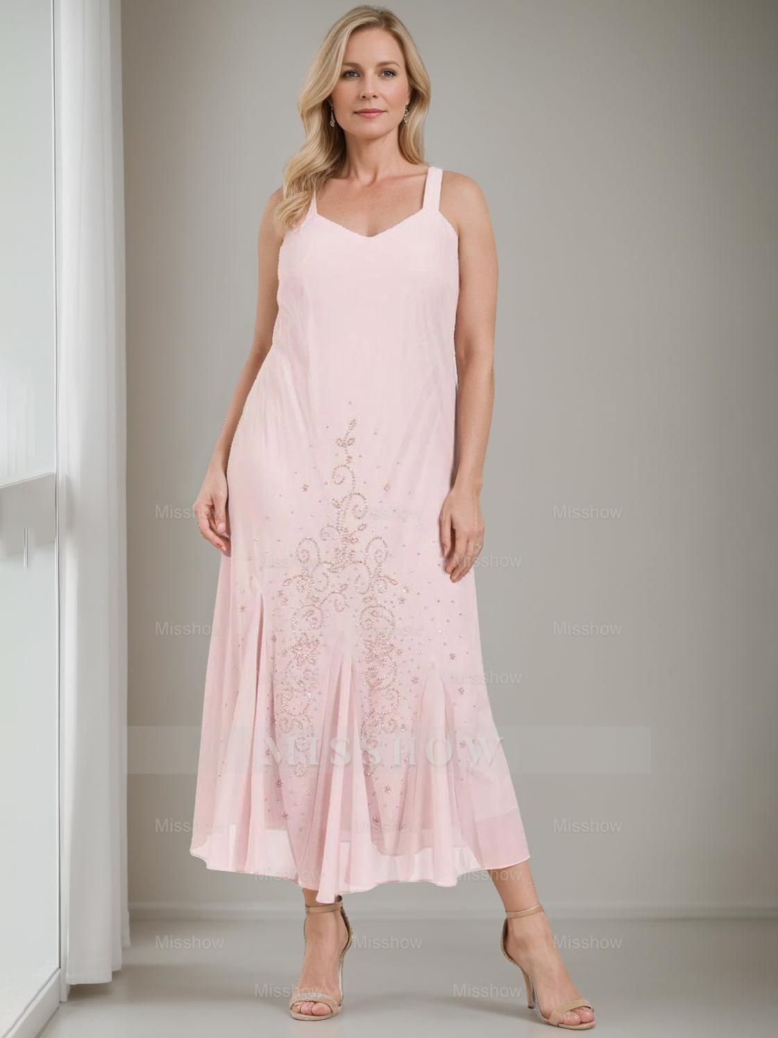 V-Neck A-Line Princess Two-Piece Plus Size Mother of the Bride Dress with Jacket and Sequins in Tea-Length