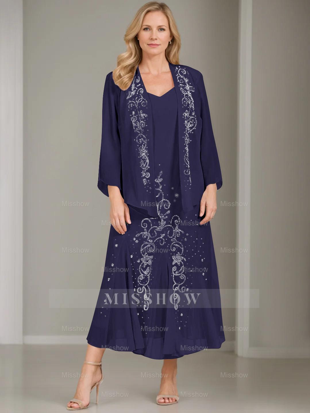 V-Neck A-Line Princess Two-Piece Plus Size Mother of the Bride Dress with Jacket and Sequins in Tea-Length