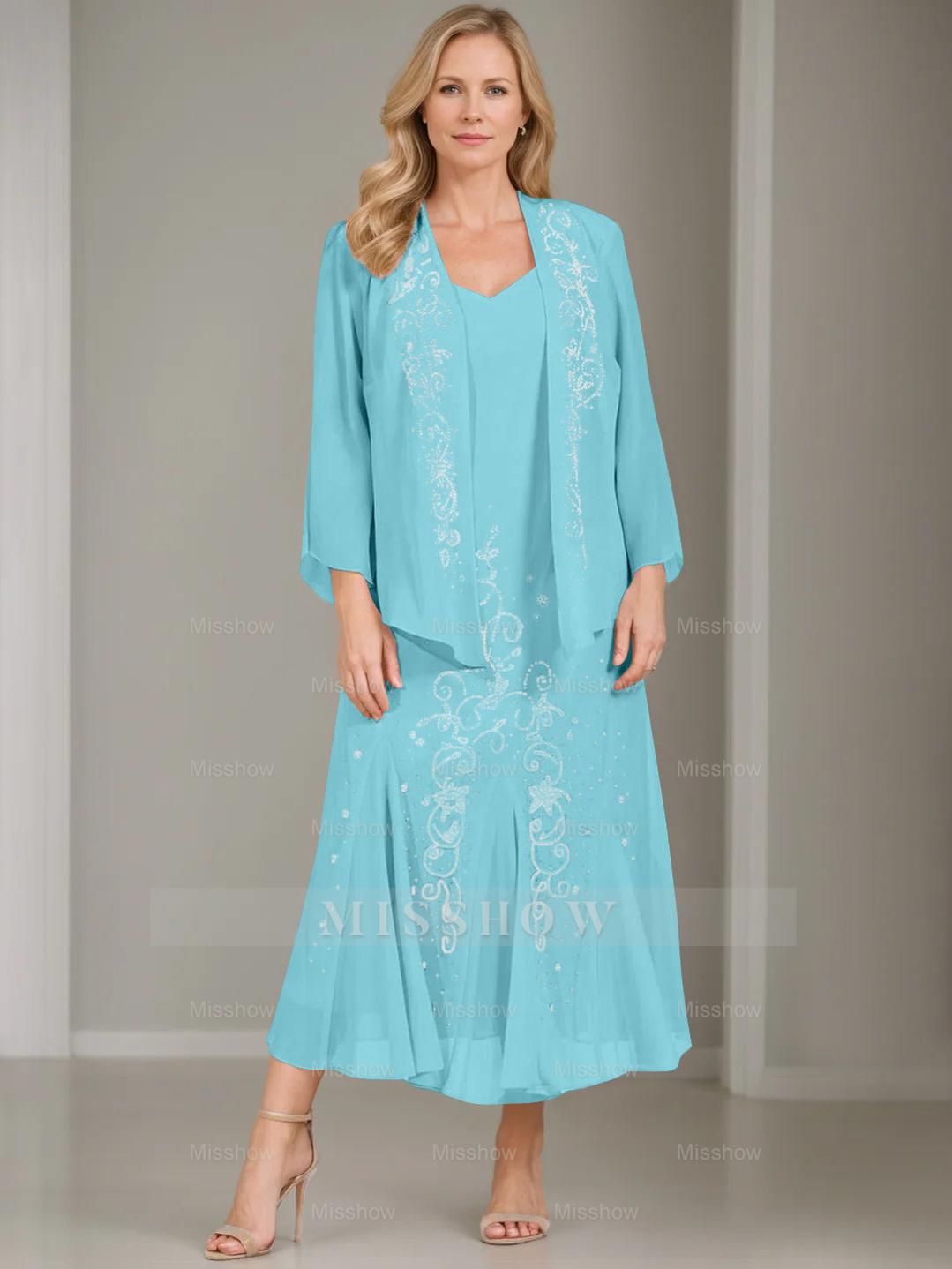 V-Neck A-Line Princess Two-Piece Plus Size Mother of the Bride Dress with Jacket and Sequins in Tea-Length