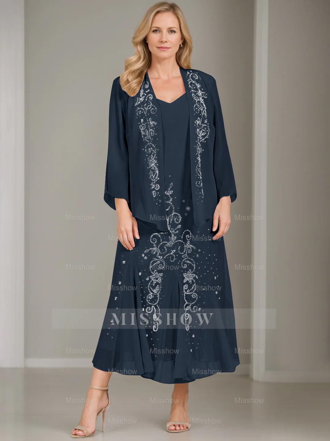 V-Neck A-Line Princess Two-Piece Plus Size Mother of the Bride Dress with Jacket and Sequins in Tea-Length