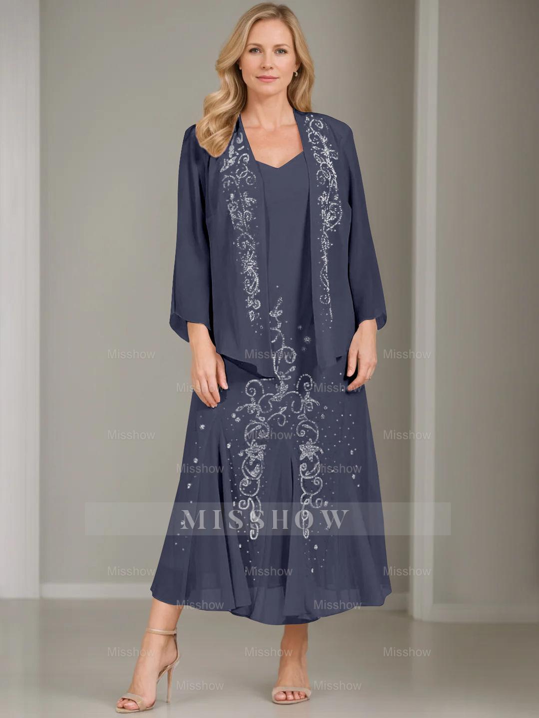 V-Neck A-Line Princess Two-Piece Plus Size Mother of the Bride Dress with Jacket and Sequins in Tea-Length