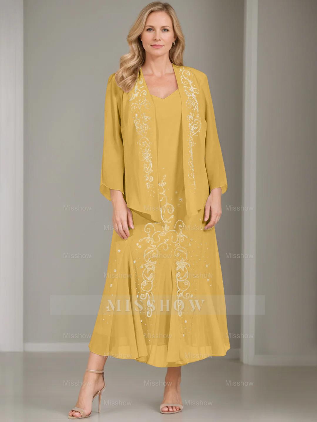 V-Neck A-Line Princess Two-Piece Plus Size Mother of the Bride Dress with Jacket and Sequins in Tea-Length