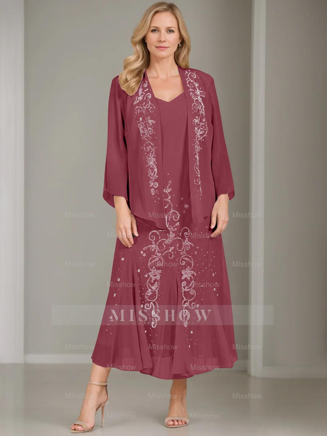 V-Neck A-Line Princess Two-Piece Plus Size Mother of the Bride Dress with Jacket and Sequins in Tea-Length