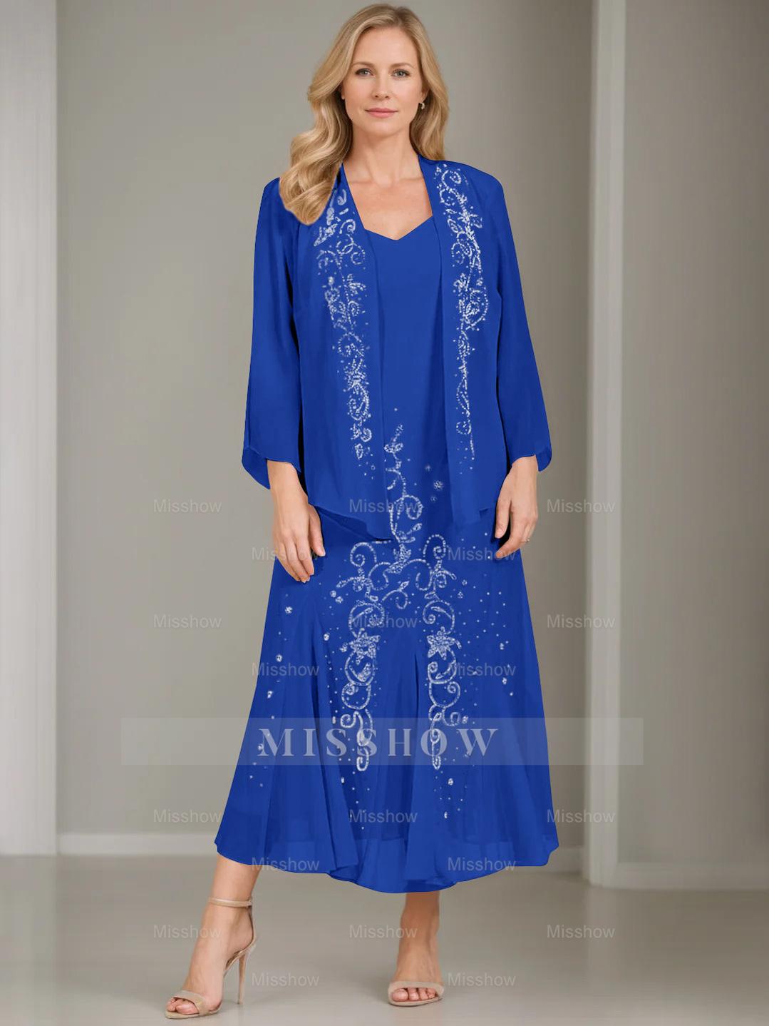 V-Neck A-Line Princess Two-Piece Plus Size Mother of the Bride Dress with Jacket and Sequins in Tea-Length
