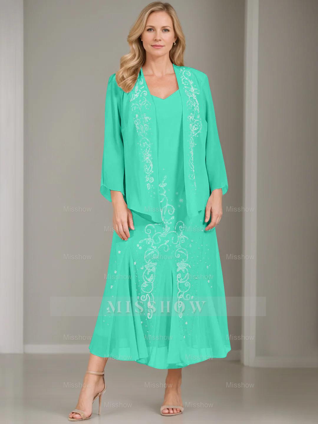 V-Neck A-Line Princess Two-Piece Plus Size Mother of the Bride Dress with Jacket and Sequins in Tea-Length