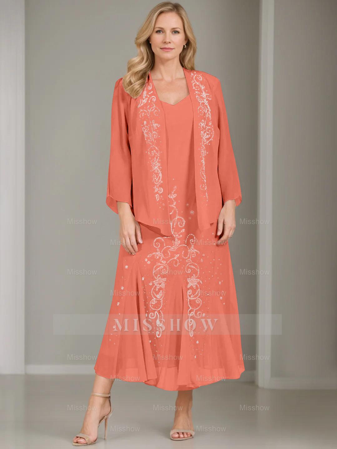 V-Neck A-Line Princess Two-Piece Plus Size Mother of the Bride Dress with Jacket and Sequins in Tea-Length