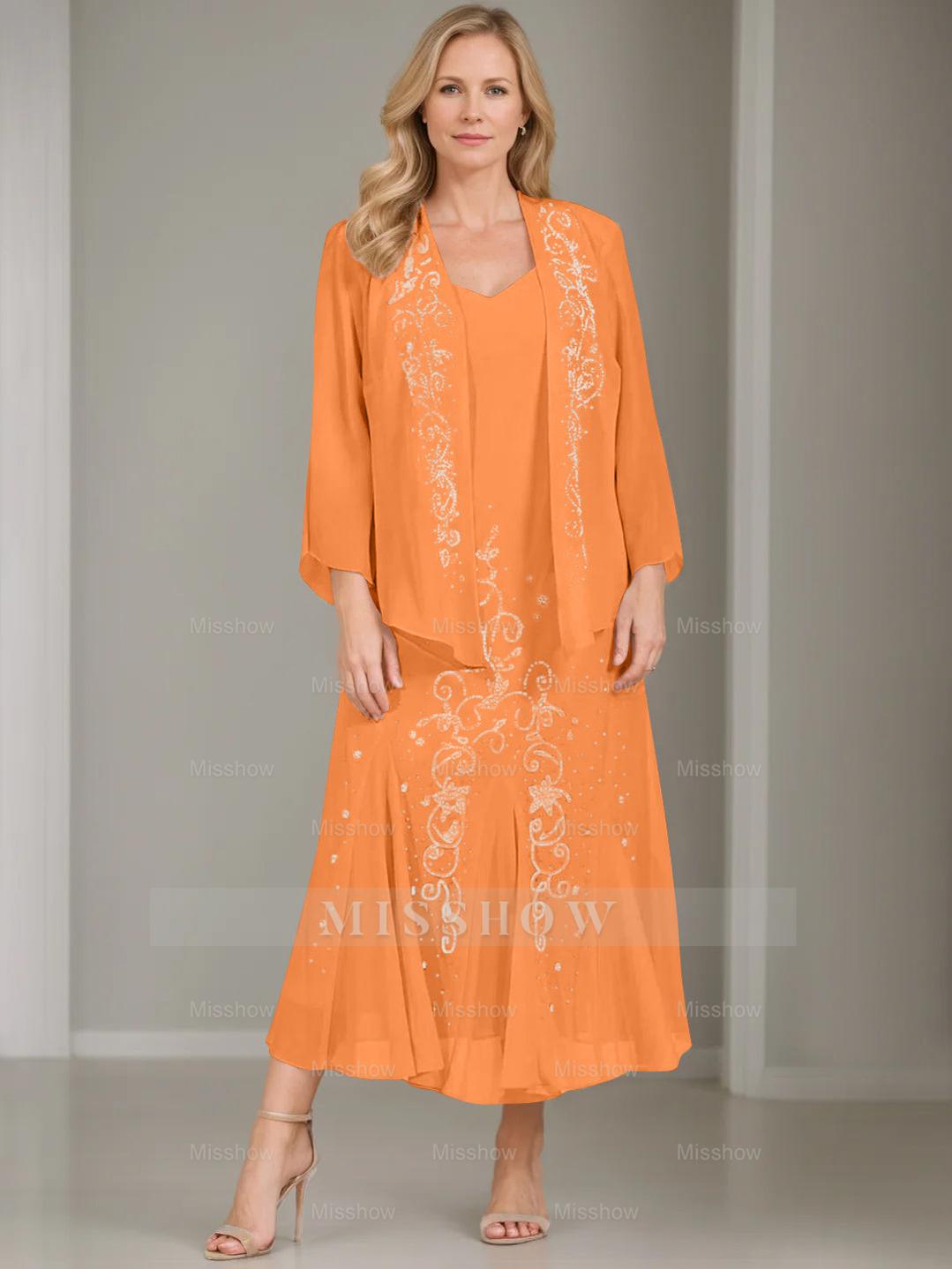 V-Neck A-Line Princess Two-Piece Plus Size Mother of the Bride Dress with Jacket and Sequins in Tea-Length