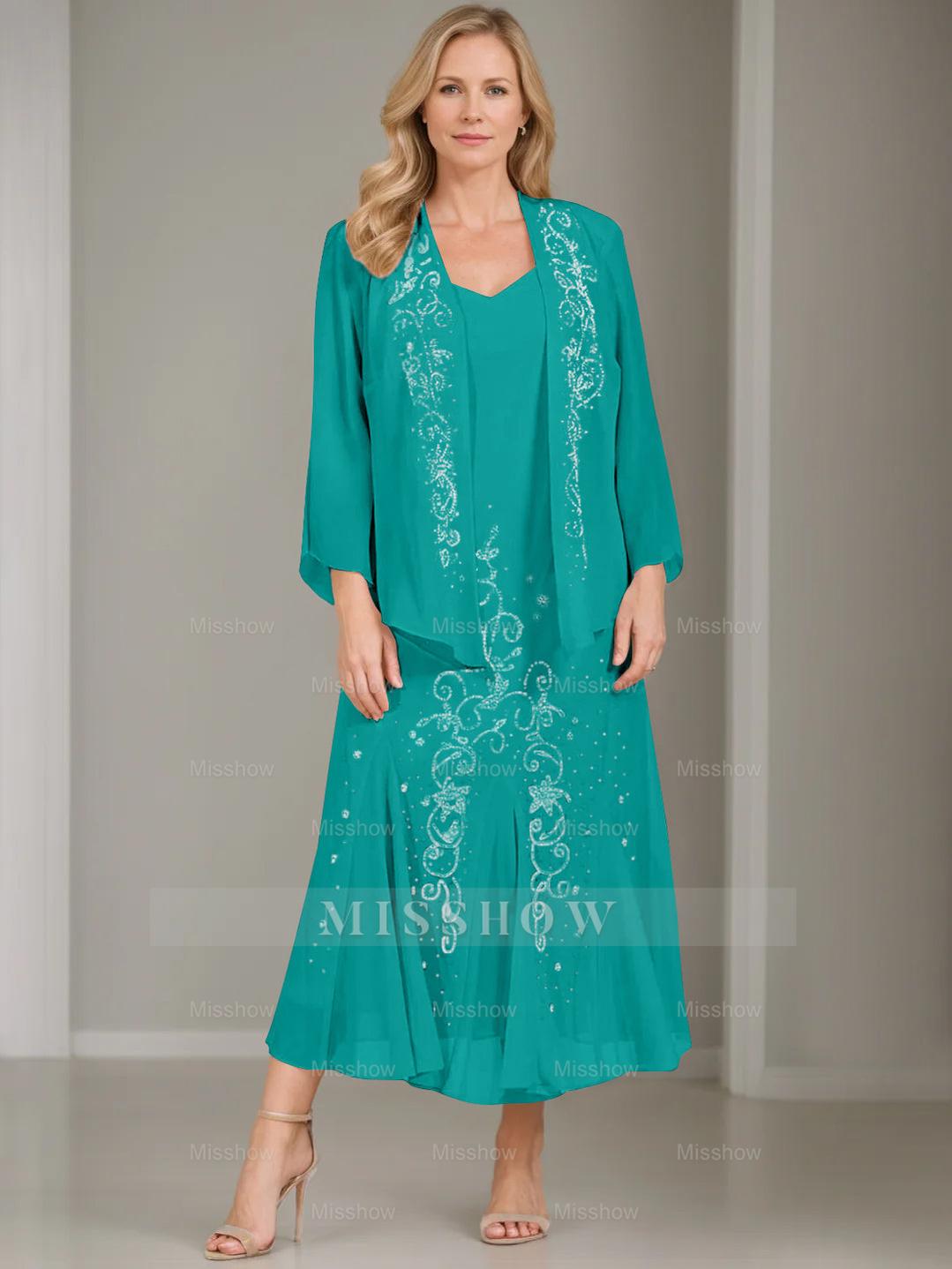V-Neck A-Line Princess Two-Piece Plus Size Mother of the Bride Dress with Jacket and Sequins in Tea-Length