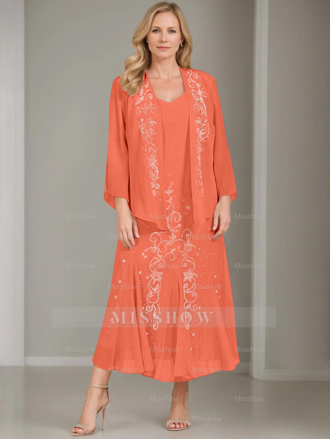 V-Neck A-Line Princess Two-Piece Plus Size Mother of the Bride Dress with Jacket and Sequins in Tea-Length