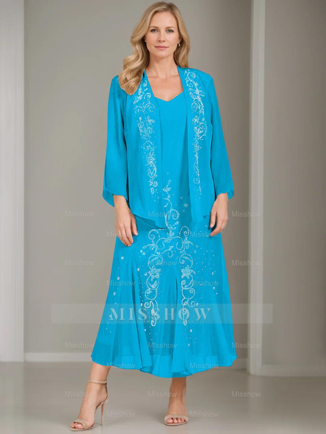 V-Neck A-Line Princess Two-Piece Plus Size Mother of the Bride Dress with Jacket and Sequins in Tea-Length