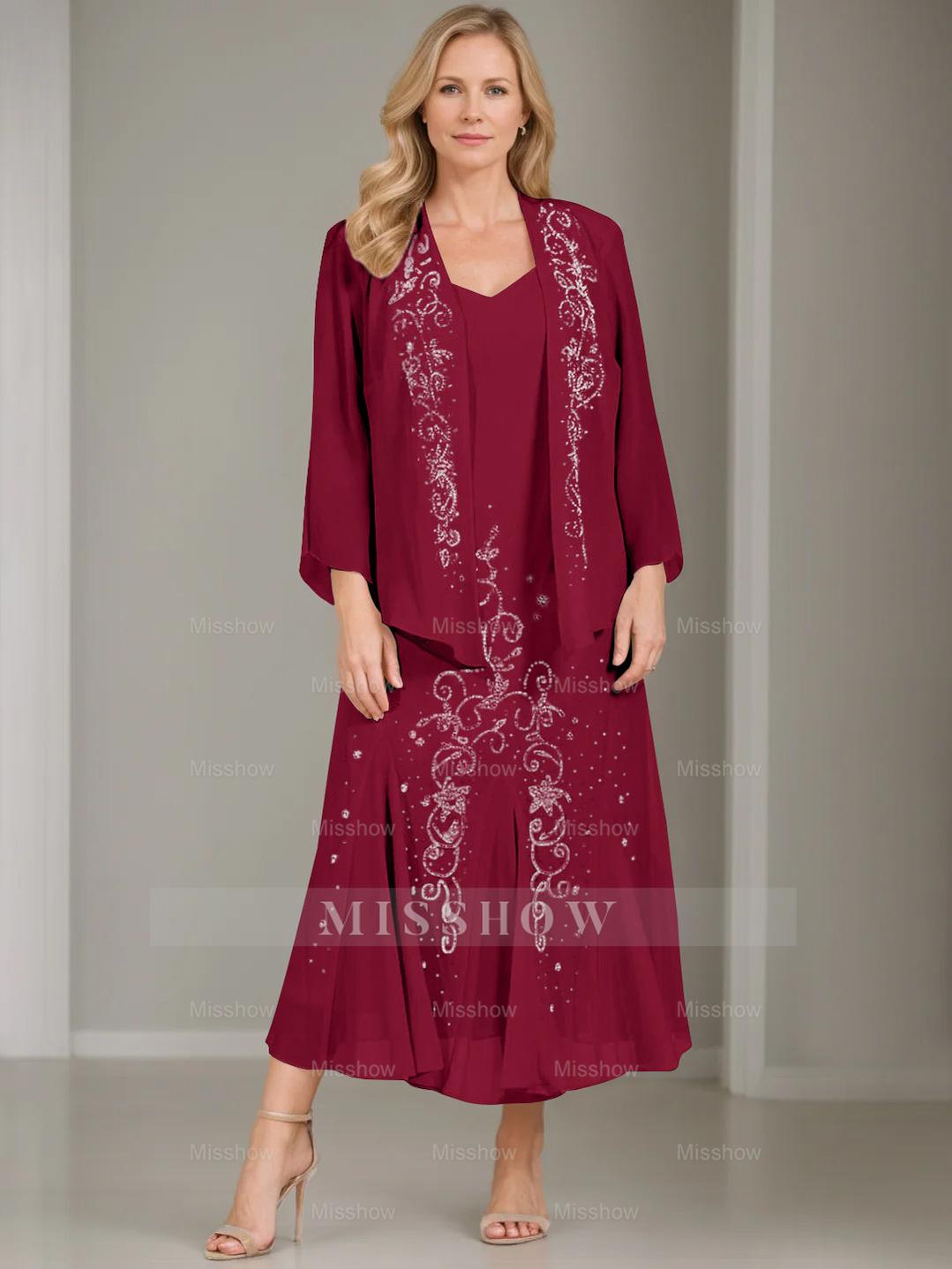 V-Neck A-Line Princess Two-Piece Plus Size Mother of the Bride Dress with Jacket and Sequins in Tea-Length