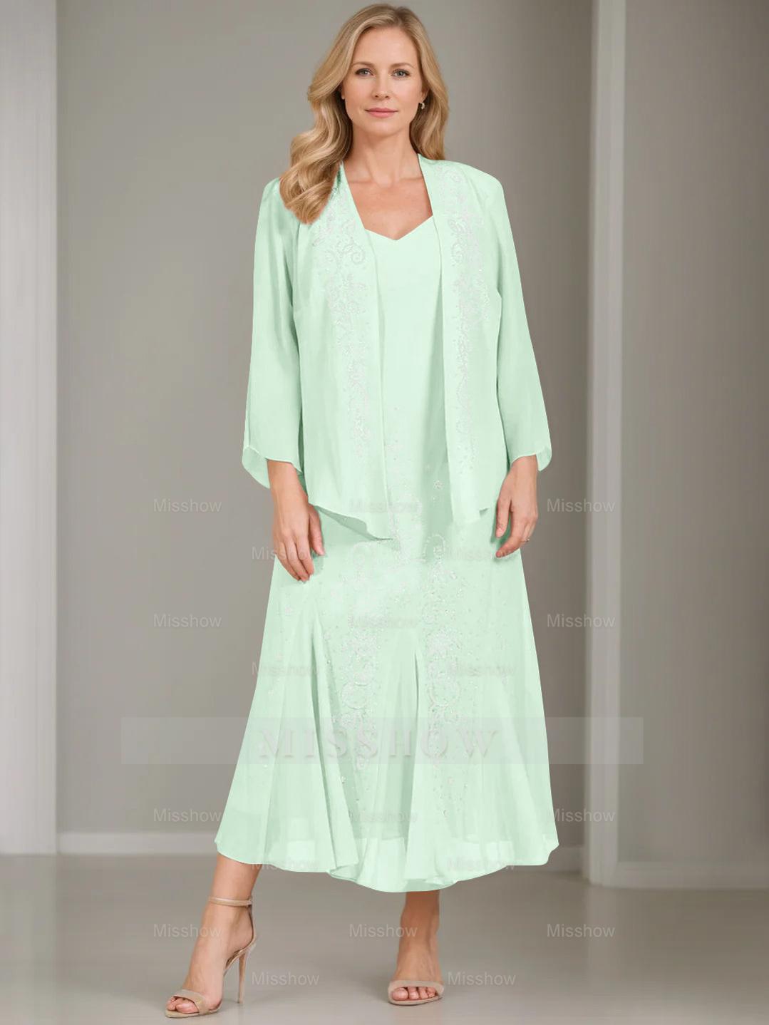 V-Neck A-Line Princess Two-Piece Plus Size Mother of the Bride Dress with Jacket and Sequins in Tea-Length