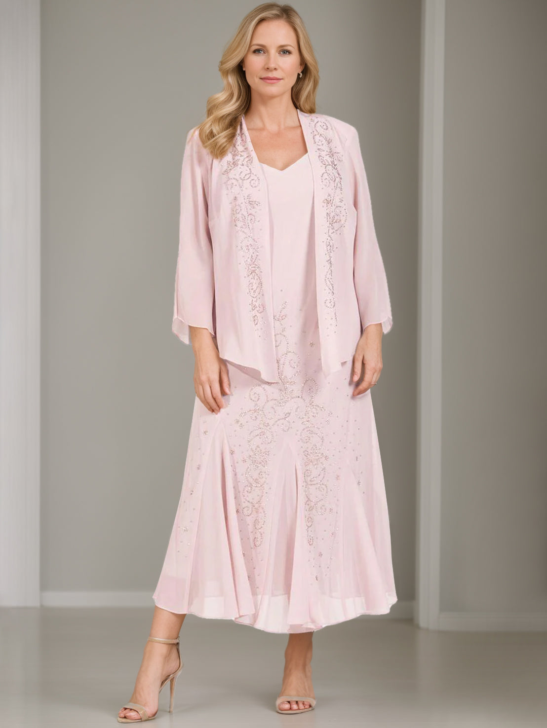 V-Neck A-Line Princess Two-Piece Plus Size Mother of the Bride Dress with Jacket and Sequins in Tea-Length